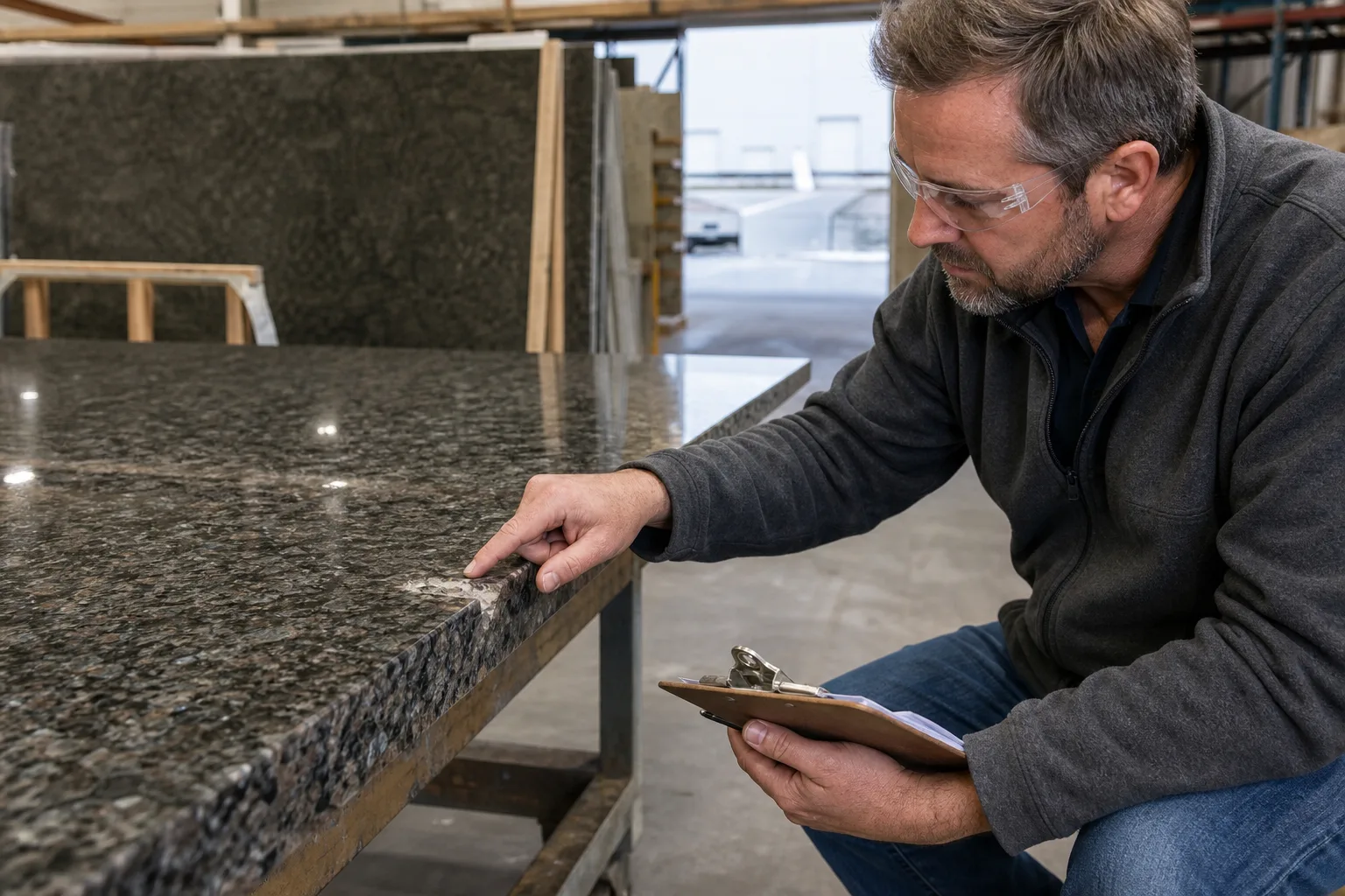 Close inspection of chipped polished granite slab edge at receiving
