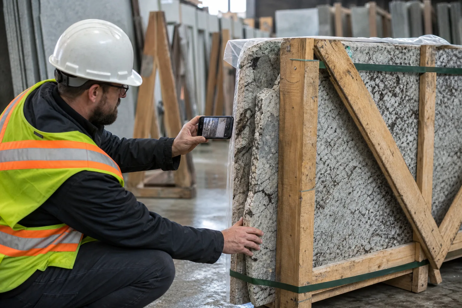 Inspector measuring a chipped granite piece beside an opened shipping crate