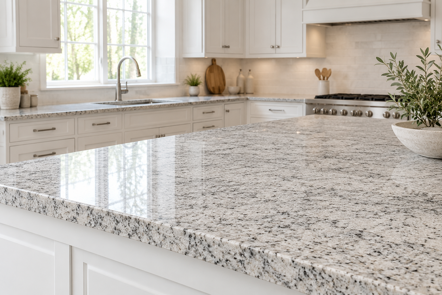 Light grey granite countertop with white cabinets