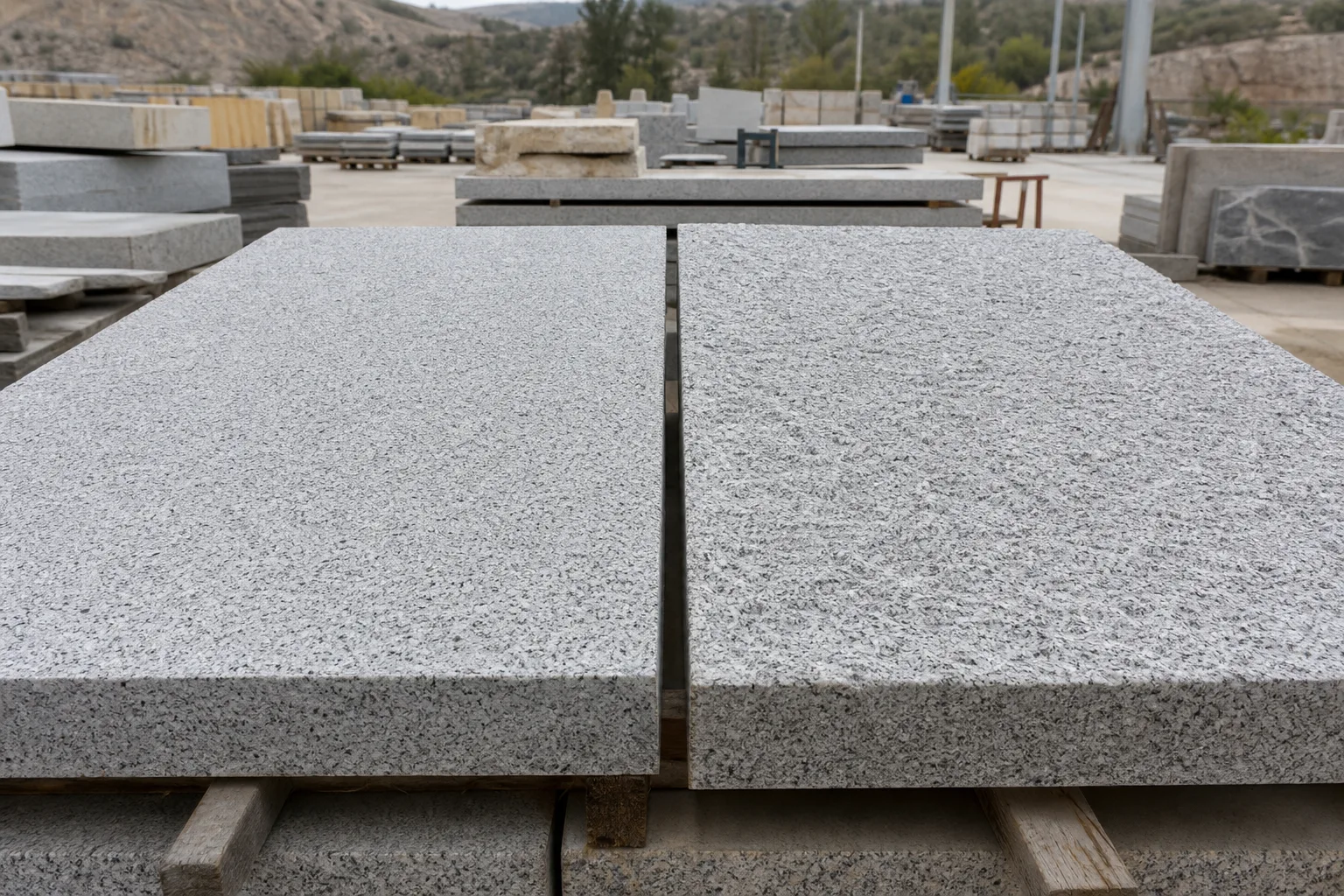 Flamed and mechanically pitted granite samples viewed side by side