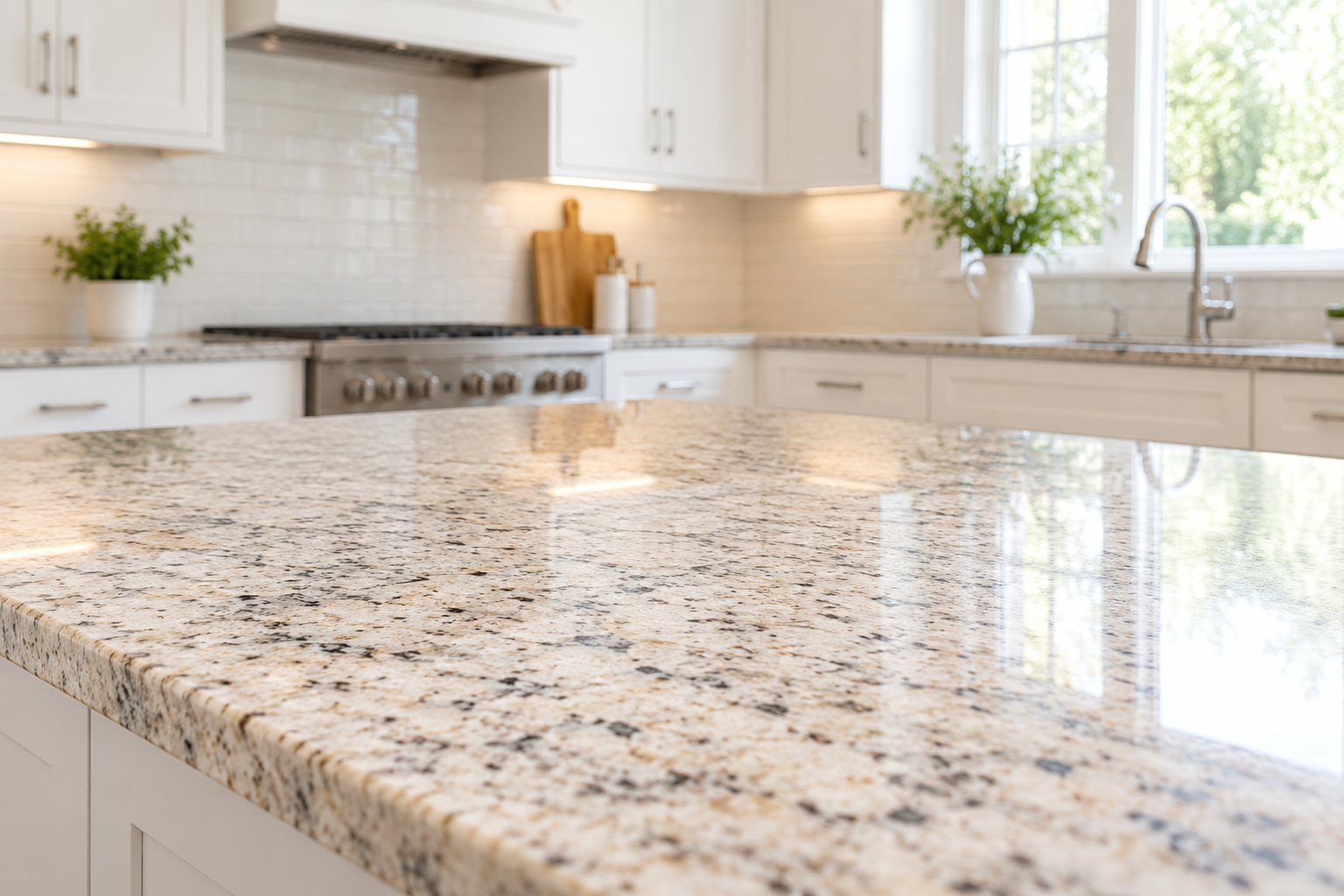 Light granite countertop in a kitchen