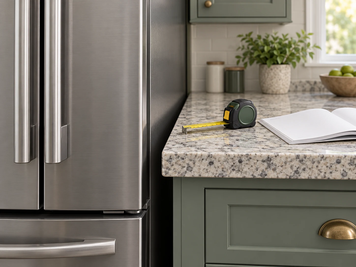Illustration of a refrigerator beside an intact granite countertop edge, with a tape measure and open manual.
