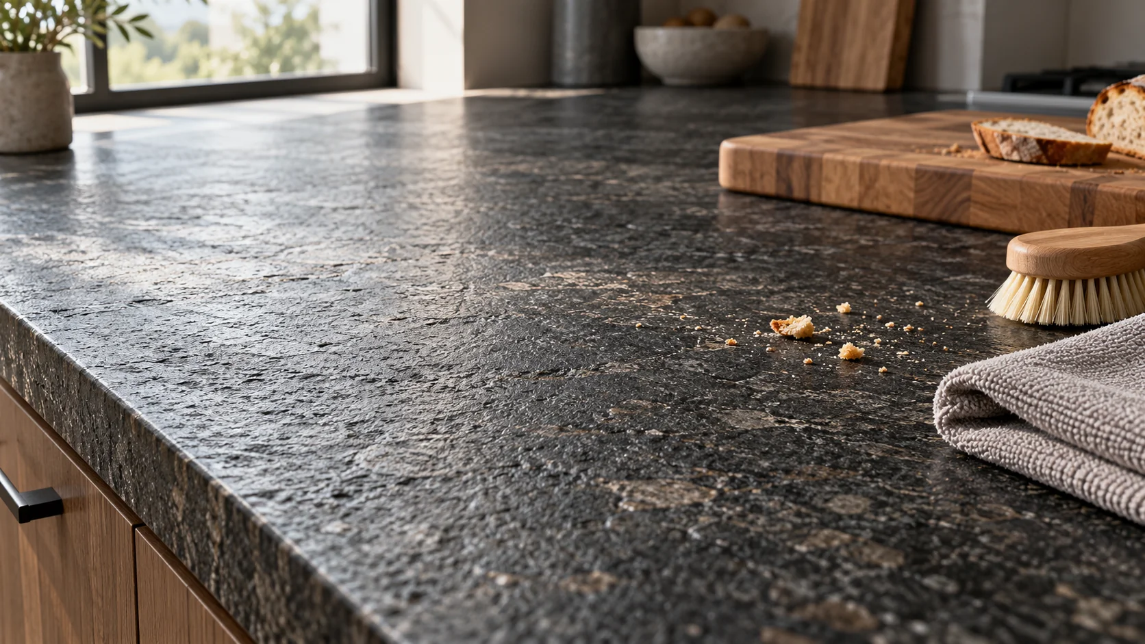 Textured dark granite countertop with a soft brush, microfiber cloth and removable wooden preparation board